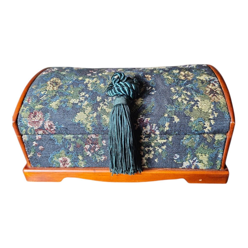 Beautiful Vintage Cross Stitch Floral Wood Tassel Jewlery Box.